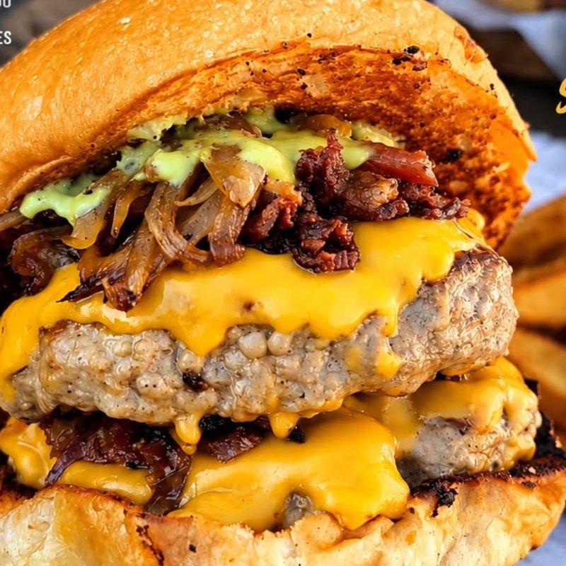 Hamburguesa doble con queso, cebolla caramelizada y tocino