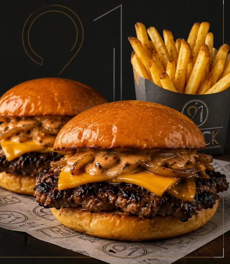 Dos cheeseburgers de Truck 91 con cebolla caramelizada y papas